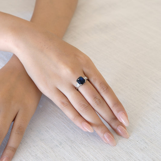 Blue Cushion Halo American Diamond Ring