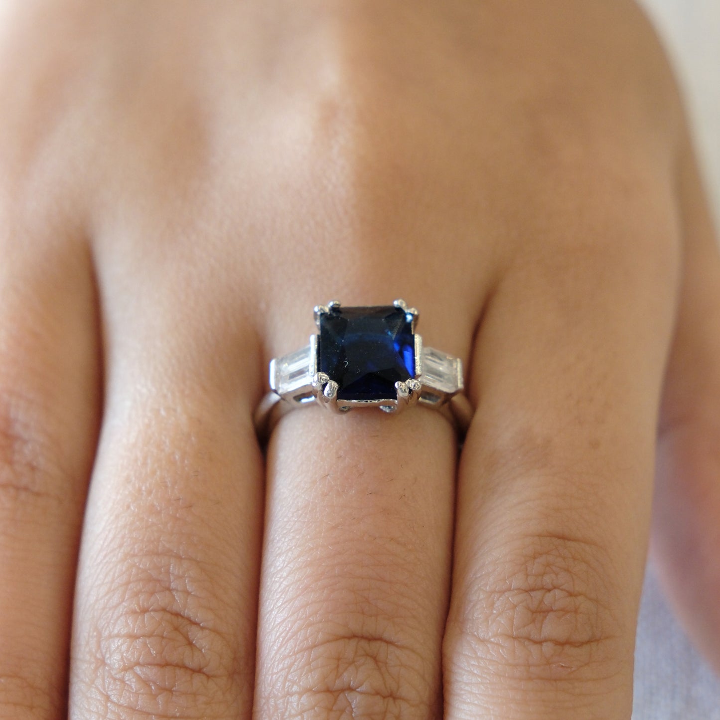 Blue Cushion Halo American Diamond Ring