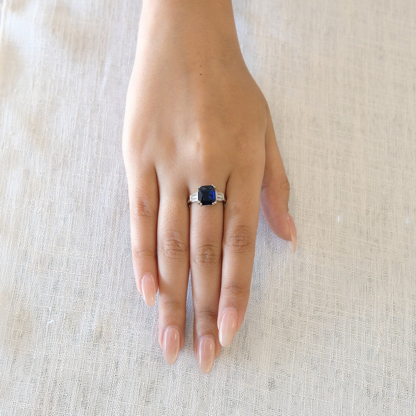 Blue Cushion Halo American Diamond Ring