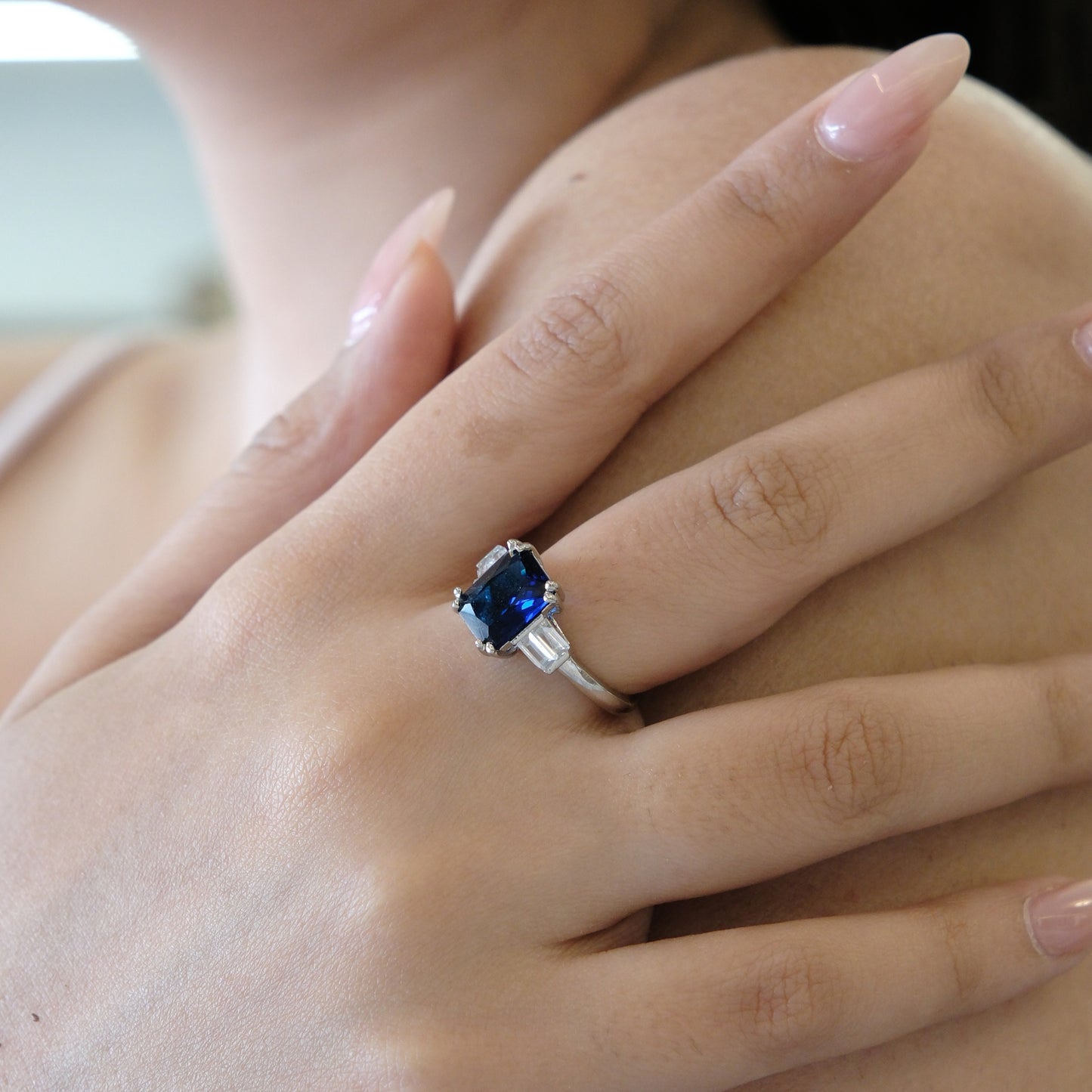 Blue Cushion Halo American Diamond Ring