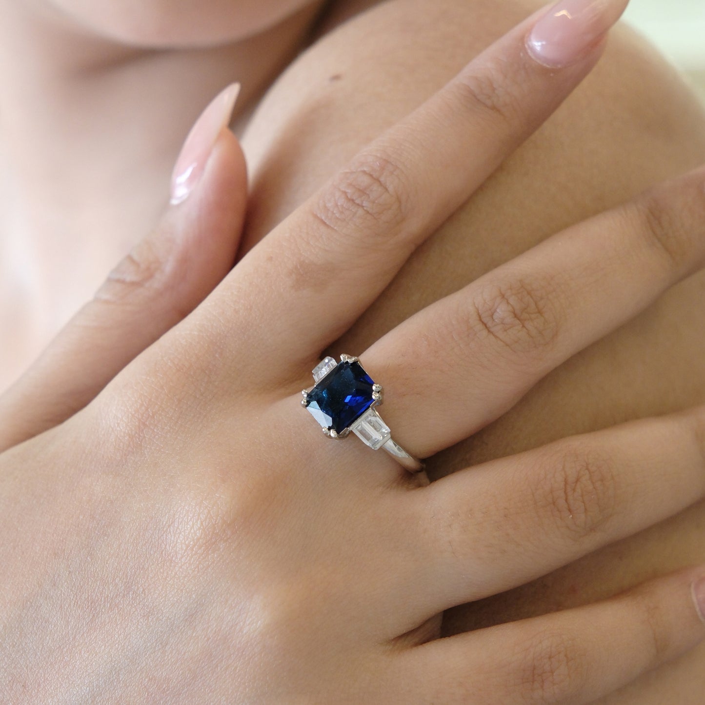 Blue Cushion Halo American Diamond Ring