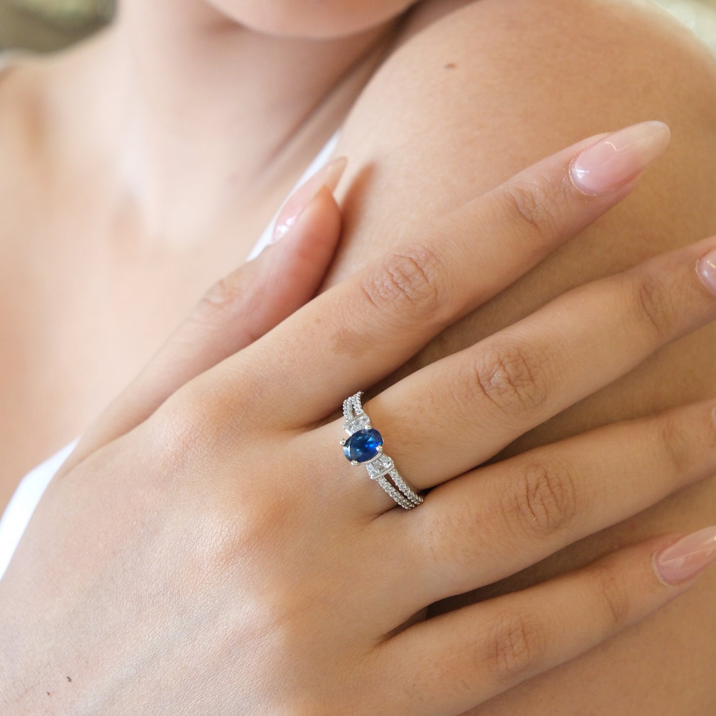 Blue Oval Stone American Diamond Ring