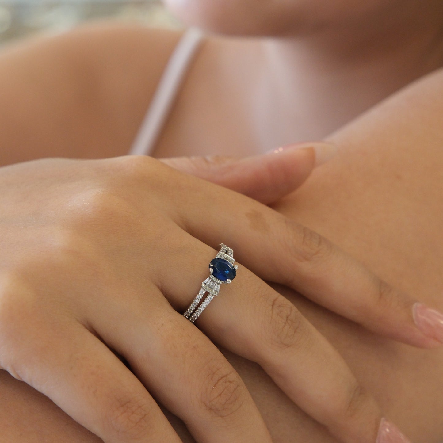 Blue Oval Stone American Diamond Ring