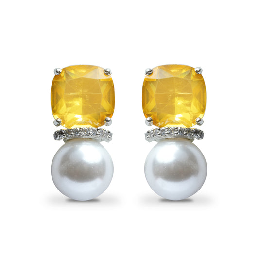 Yellow Diamond Earrings With CZ Diamonds And Pearl Drop