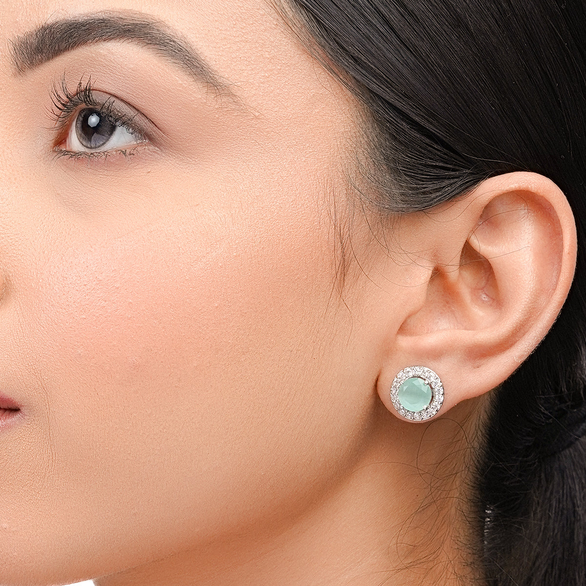 Mint Green Earrings, Minimalist Studs with CZ Halo, Minimal Jewellery