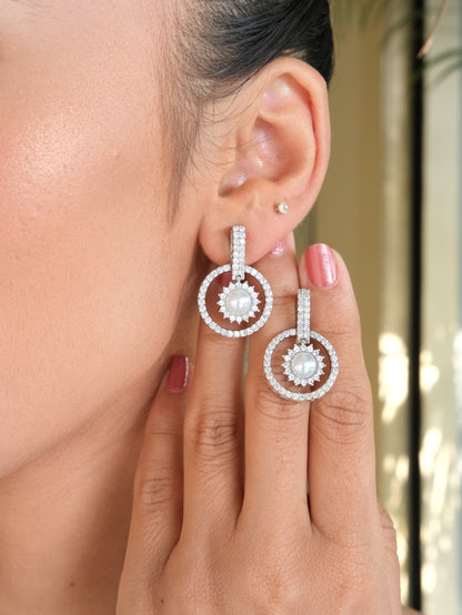 Circular Pearl American Diamond Drop Earrings