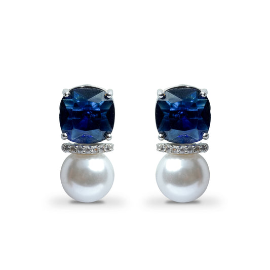 Sapphire Pearl Earrings with Blue CZ Jewelry, Sapphire American Diamond