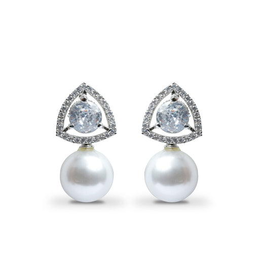 American Diamond and Pearl Earrings with Cubic Zirconia, Statement White Pearl Drop Earrings