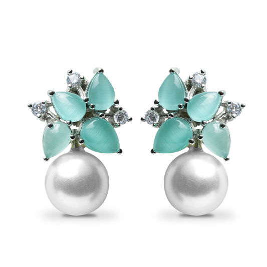 Mint Earrings With Pearl Drop Mint Green Stone CZ Diamond