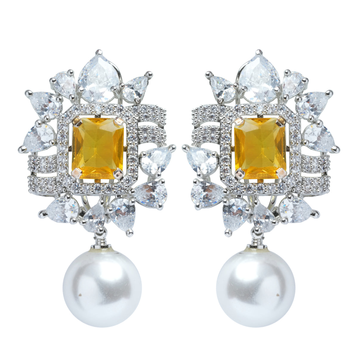 Yellow Stone Earrings with American Diamond & Pearl Drop