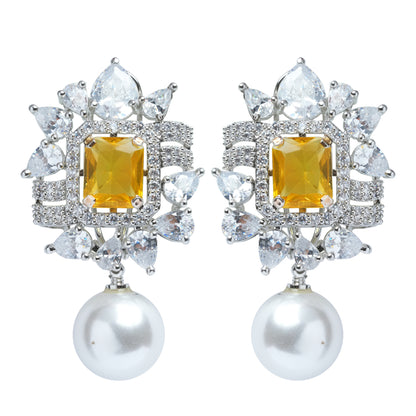 Yellow Stone Earrings with American Diamond & Pearl Drop