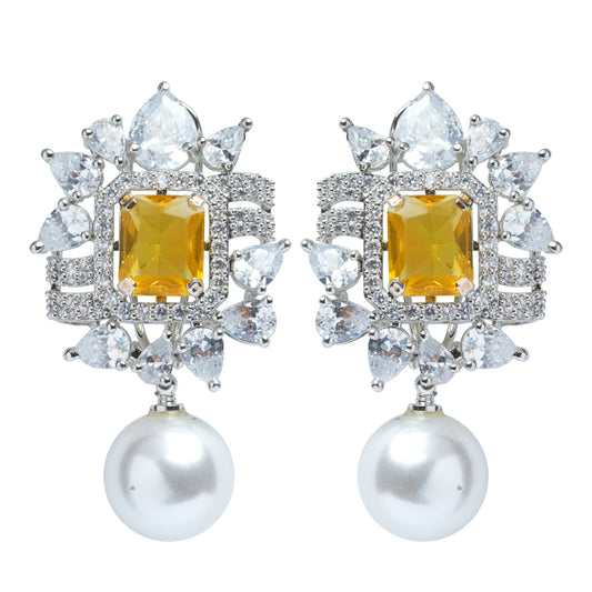 Yellow Stone Earrings with American Diamond & Pearl Drop