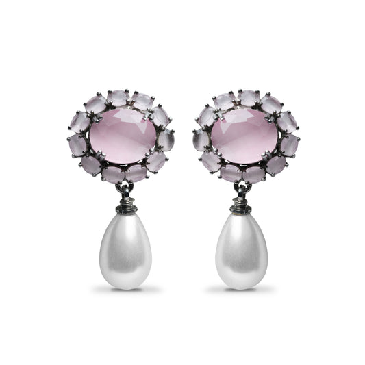 Pink American Diamond Earrings with Pearl Dangle Drop, Statement Pink Stone Earrings with CZ