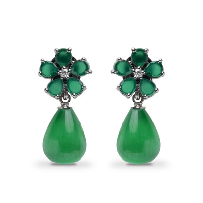 Green Diamond Earrings with Drop, CZ Green Stone Earrings Everyday Jewelry