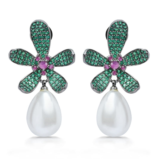 Emerald CZ Earrings | Green American Diamond Flower Statement Pearl Drop Earrings