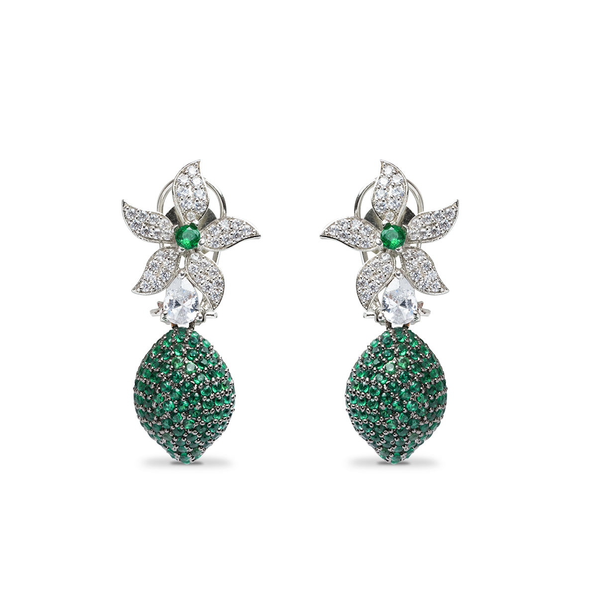 Emerald Earrings with Green Diamond in Pave Setting CZ | Flower Jewelry with Cubic Zirconia