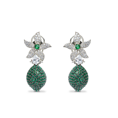 Emerald Earrings with Green Diamond in Pave Setting CZ | Flower Jewelry with Cubic Zirconia