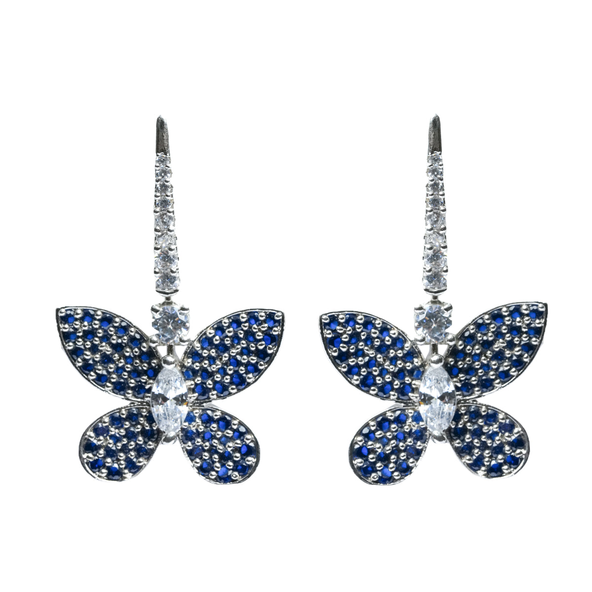 Sapphire Earrings, Hanging Butterfly in Blue Diamond Pave Setting Earrings