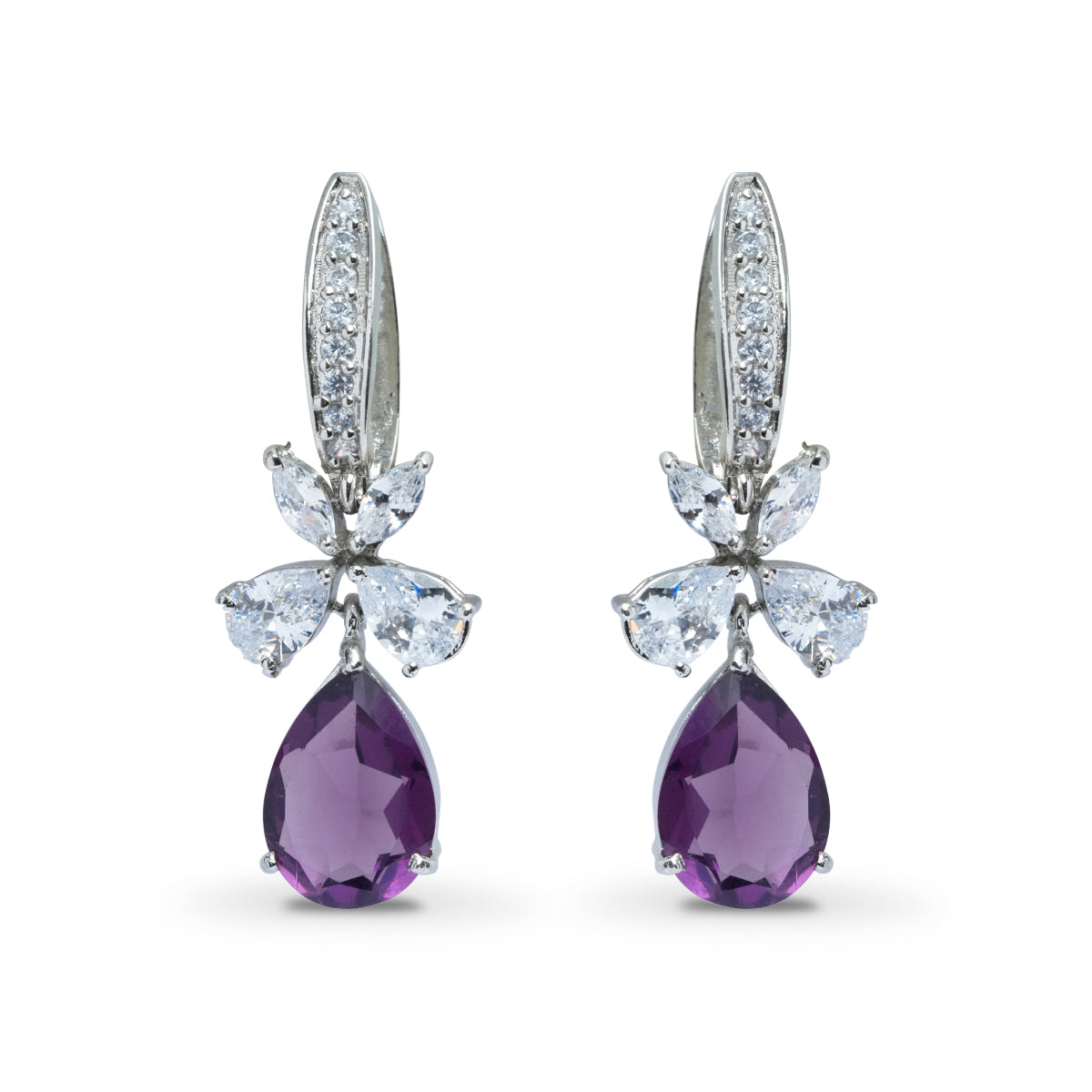 Purple Diamond Earrings Semi Precious Amethyst Purple CZ, Hoop Drop Earrings