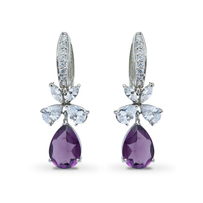 Purple Diamond Earrings Semi Precious Amethyst Purple CZ, Hoop Drop Earrings