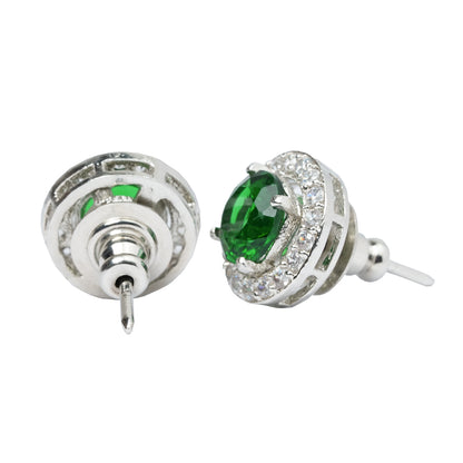 Emerald Stud Earrings, Green Diamond Round Minimalist Halo Studs, Luxury Formal Earrings