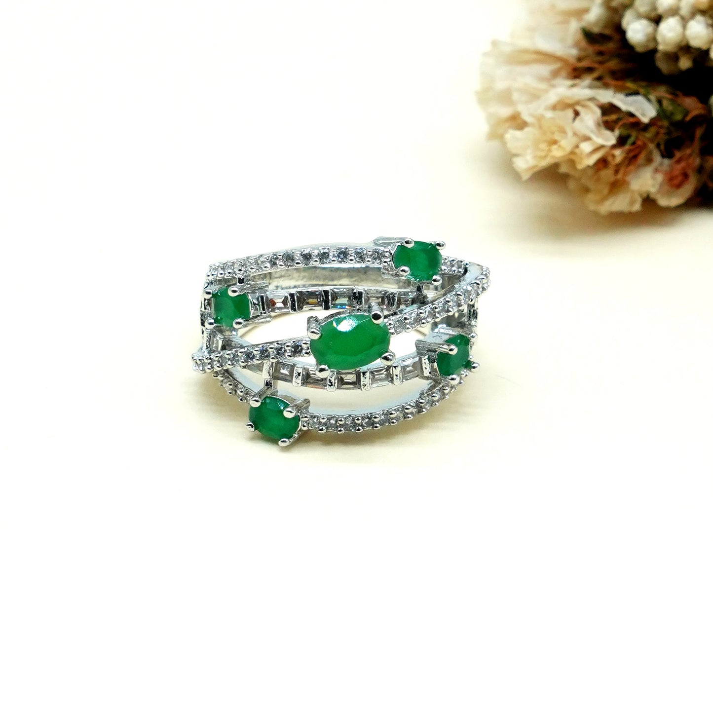 Green Multi Stone American Diamond Ring