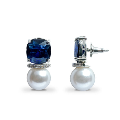 Sapphire Pearl Earrings with Blue CZ Jewelry, Sapphire American Diamond