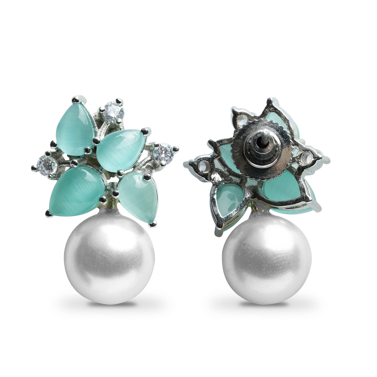 Mint Earrings With Pearl Drop Mint Green Stone CZ Diamond