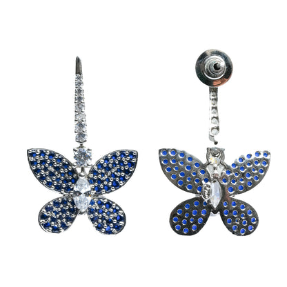 Sapphire Earrings, Hanging Butterfly in Blue Diamond Pave Setting Earrings