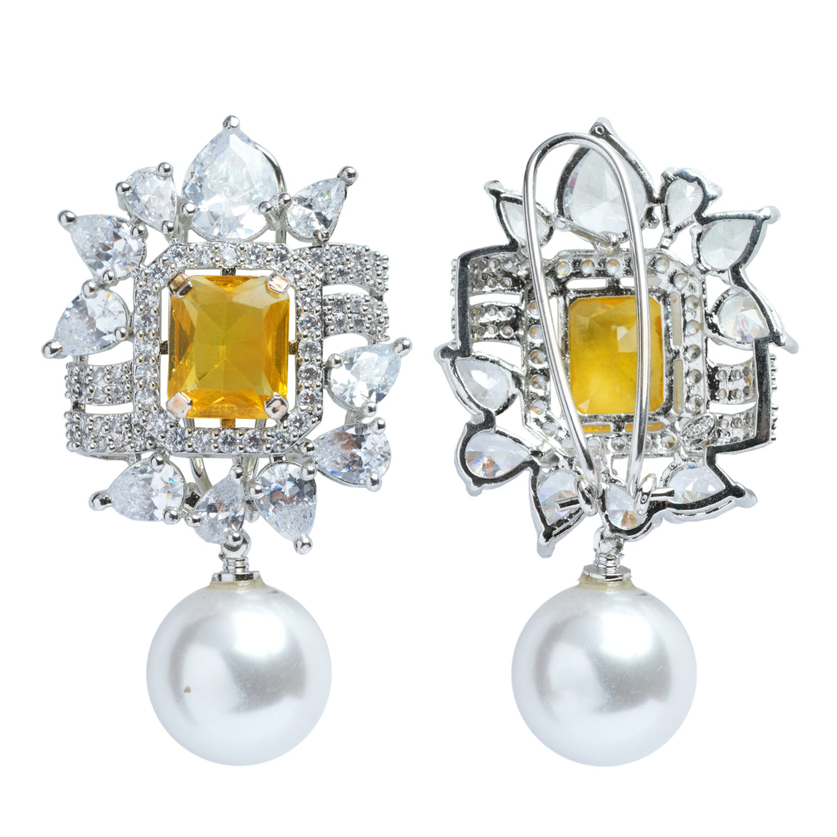 Yellow Stone Earrings with American Diamond & Pearl Drop