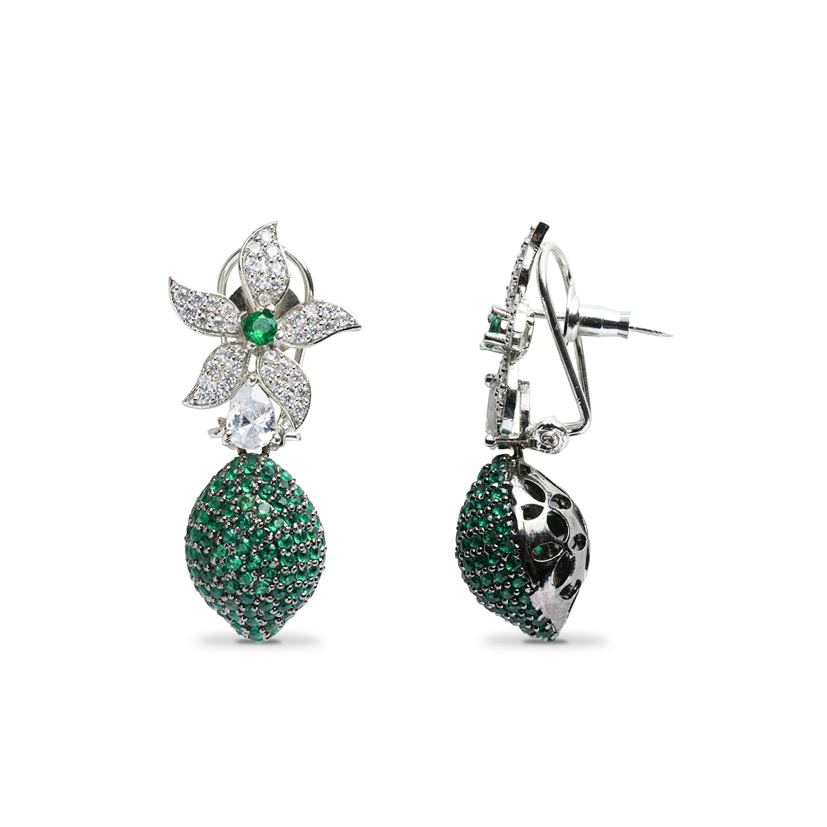 Emerald Earrings with Green Diamond in Pave Setting CZ | Flower Jewelry with Cubic Zirconia