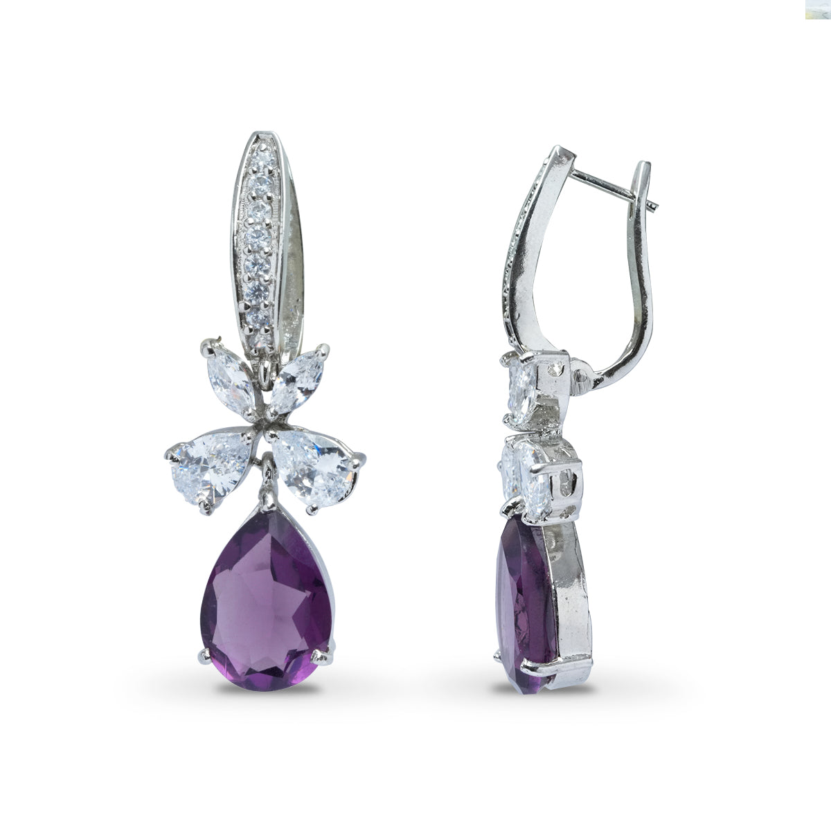 Purple Diamond Earrings Semi Precious Amethyst Purple CZ, Hoop Drop Earrings