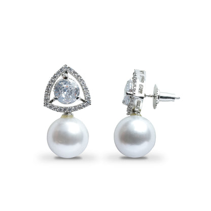 American Diamond and Pearl Earrings with Cubic Zirconia, Statement White Pearl Drop Earrings