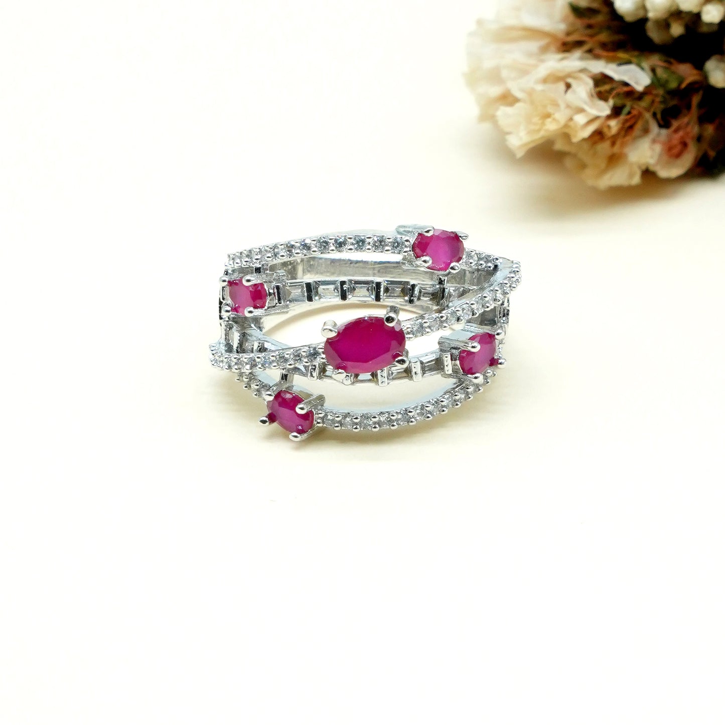 Pink Multi Stone American Diamond Ring