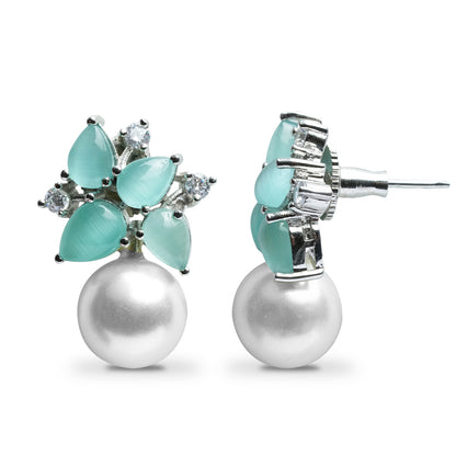 Mint Earrings With Pearl Drop Mint Green Stone CZ Diamond