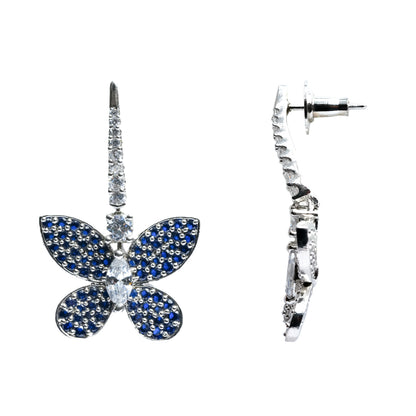 Sapphire Earrings, Hanging Butterfly in Blue Diamond Pave Setting Earrings