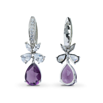 Purple Diamond Earrings Semi Precious Amethyst Purple CZ, Hoop Drop Earrings