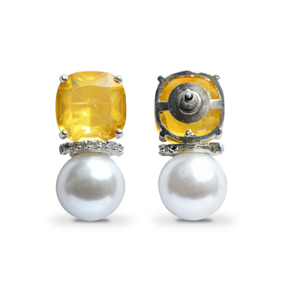 Yellow Diamond Earrings With CZ Diamonds And Pearl Drop