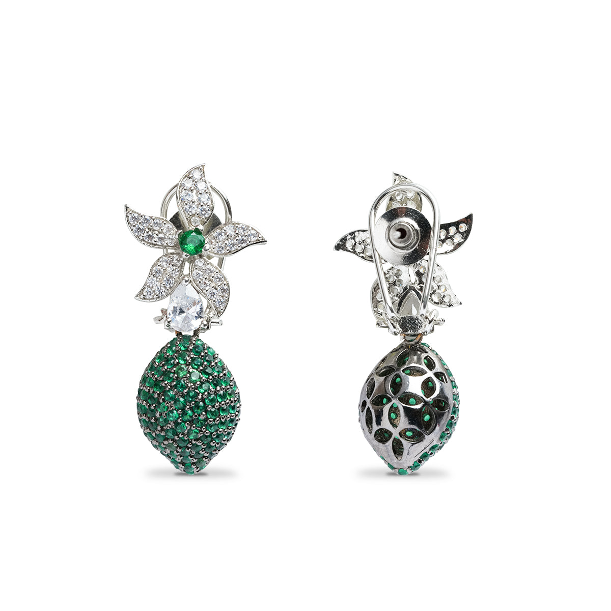 Emerald Earrings with Green Diamond in Pave Setting CZ | Flower Jewelry with Cubic Zirconia