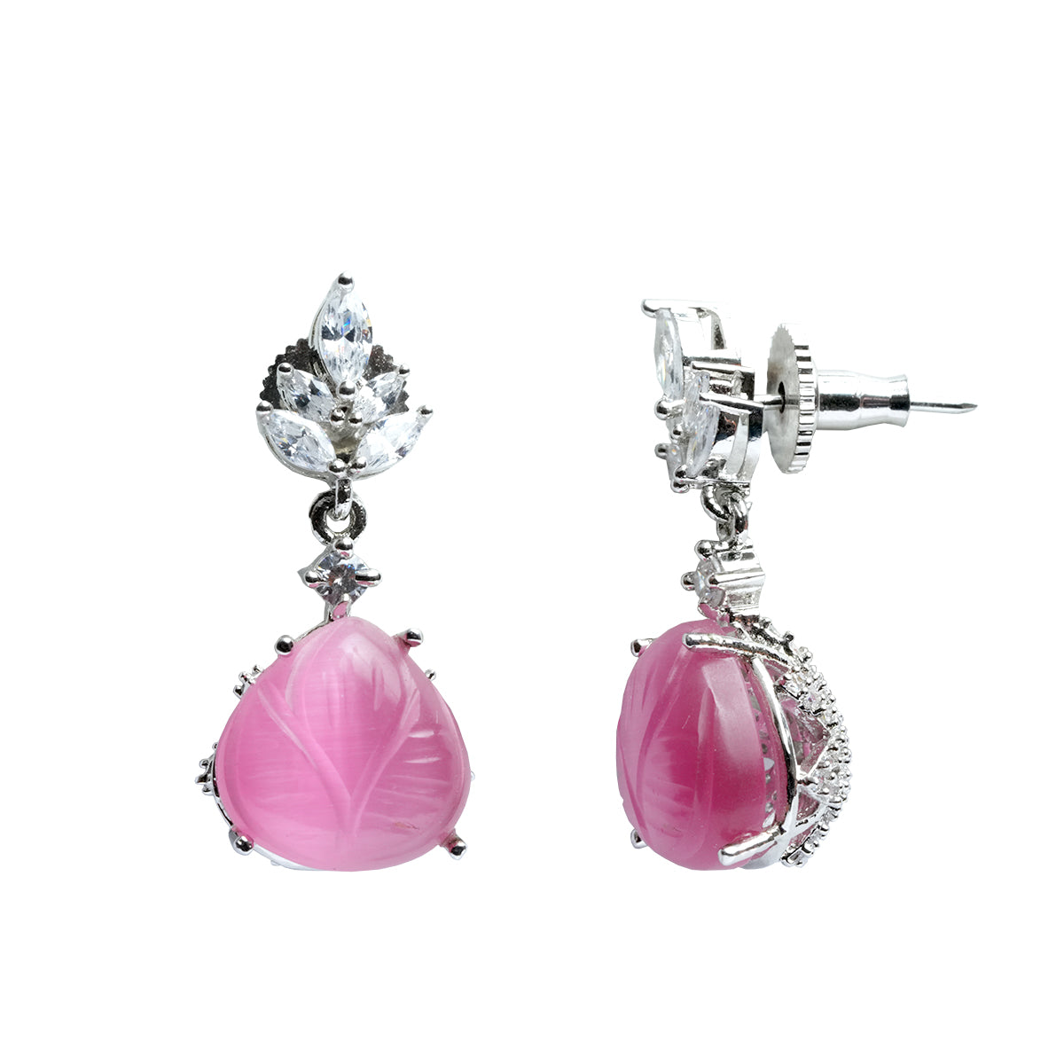 Pink American Diamond Earrings with CZ, Carved Stone Dangle Drop Earrings