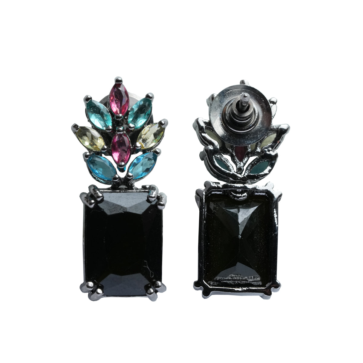 Black Diamond Earrings with Multi-Color Stones, Black Sapphire and Cubic Zirconia