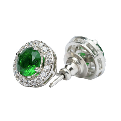 Emerald Stud Earrings, Green Diamond Round Minimalist Halo Studs, Luxury Formal Earrings