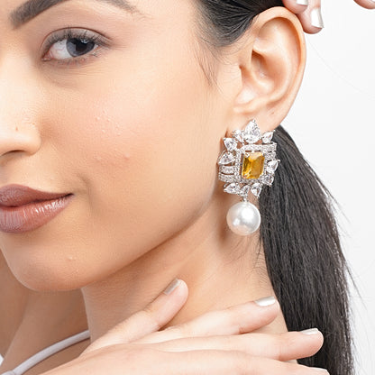 Yellow Stone Earrings with American Diamond & Pearl Drop