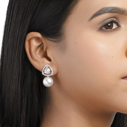 American Diamond and Pearl Earrings with Cubic Zirconia, Statement White Pearl Drop Earrings