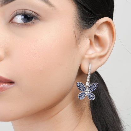 Sapphire Earrings, Hanging Butterfly in Blue Diamond Pave Setting Earrings