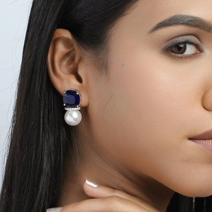 Sapphire Pearl Earrings with Blue CZ Jewelry, Sapphire American Diamond