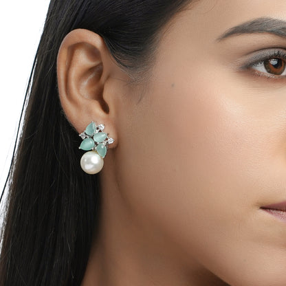 Mint Earrings With Pearl Drop Mint Green Stone CZ Diamond