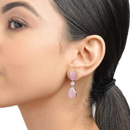 Pink Stone Earrings with CZ Diamond Dangle