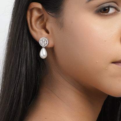 Luxury Pearl Drop Earrings with American Diamond and CZ