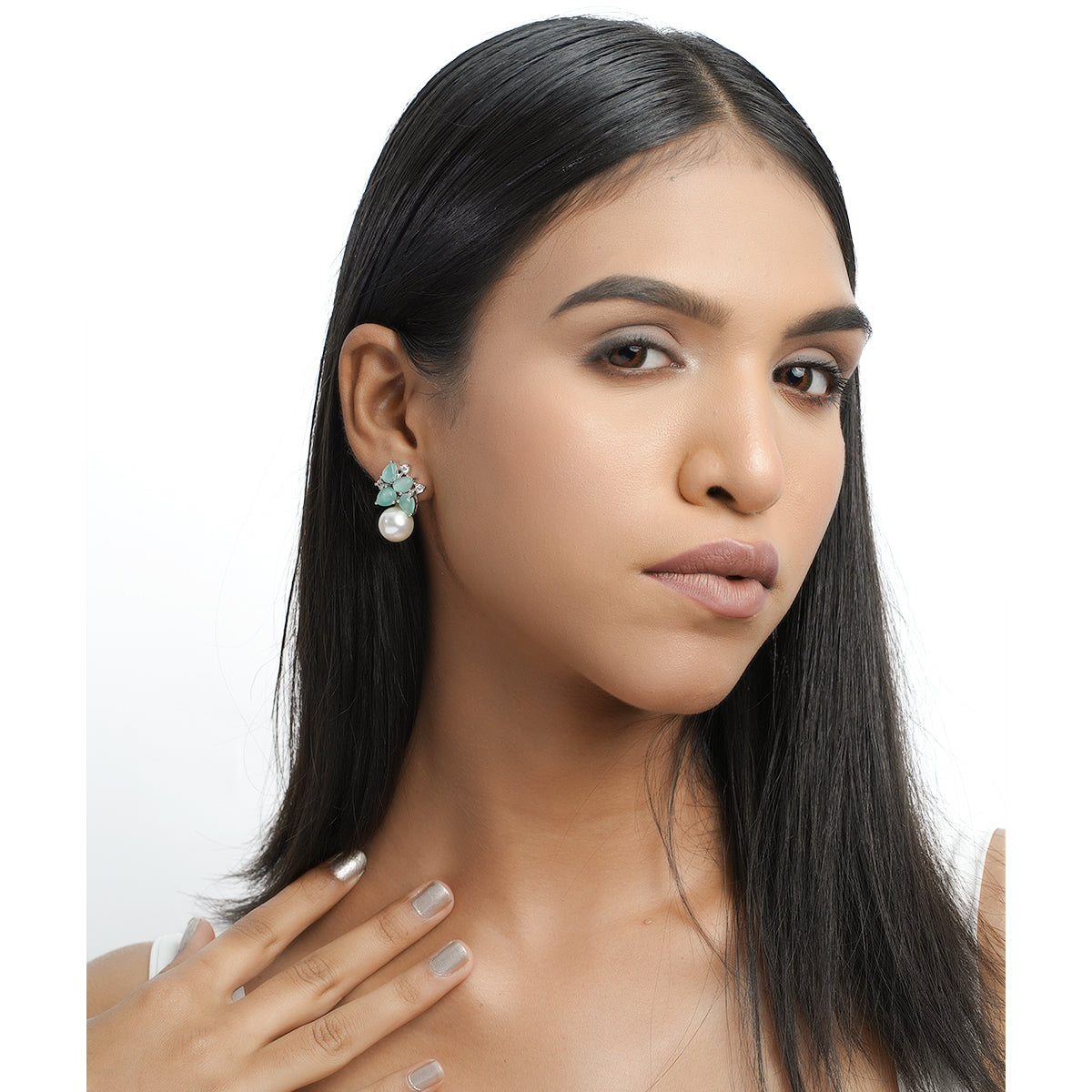 Mint Earrings With Pearl Drop Mint Green Stone CZ Diamond